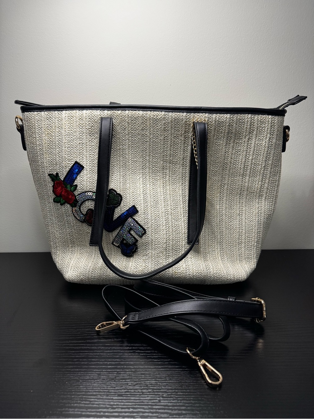 Ivory Woven Tote with Black Trim and Embellished LOVE Patch